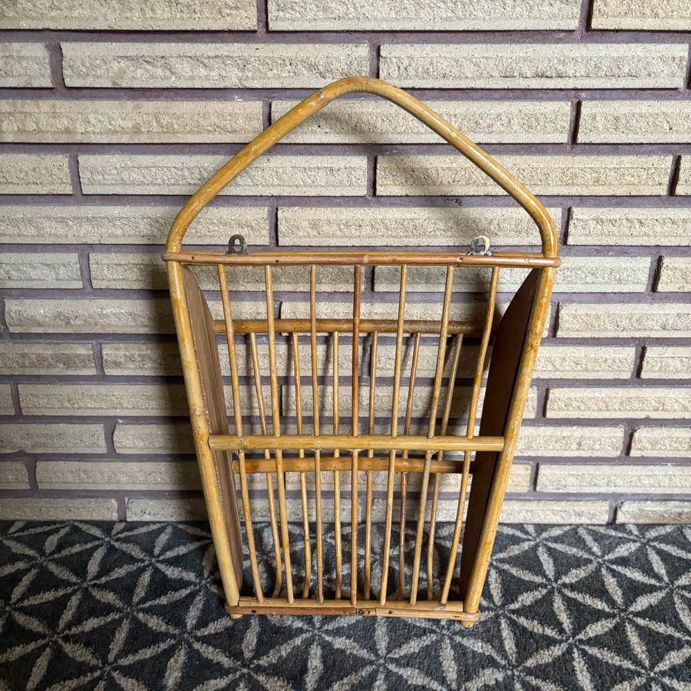 70's Wall Mount Wicker Magazine Rack - Wicker Rack - Rattan Magazine Holder - Picture 3 of 14
